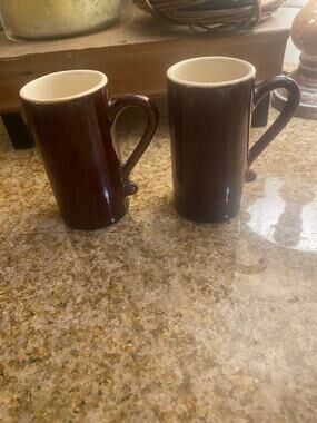 Vintage MCM Tall Espresso Mugs Dark Brown Glaze Coffee Cups Set of 2